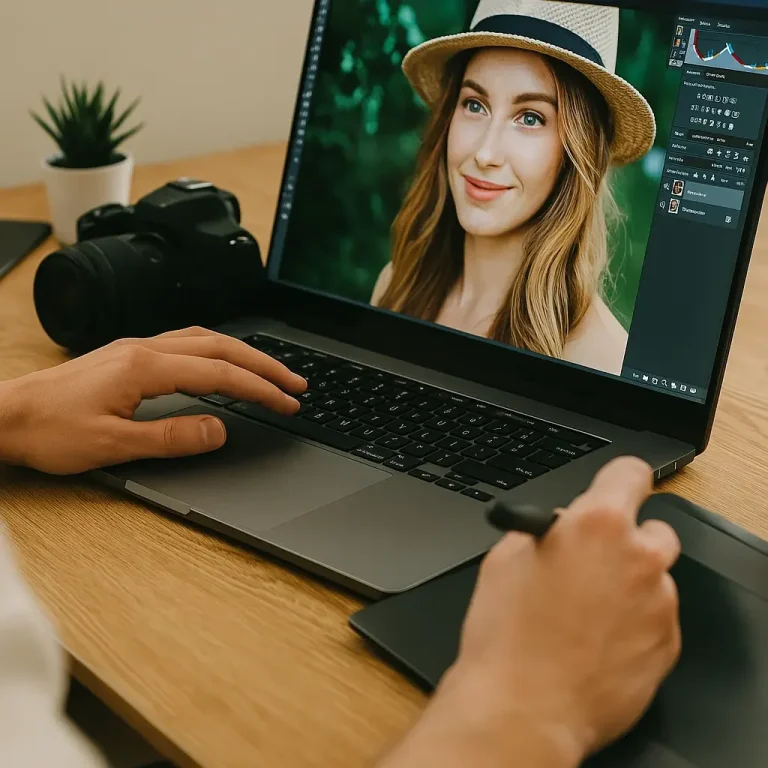 Professionelle Bildbearbeitung für Social Media Content Laptop mit Portraitbearbeitung – professionelle Bildgestaltung für Instagram und Co.