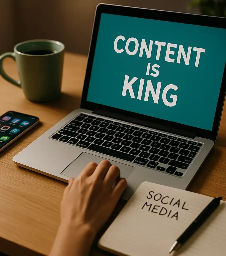 Content Creation und Social Media Beratung in Reutlingen Laptop mit der Aufschrift CONTENT IS KING, Social Media Notizbuch – Symbolbild für Content Creation in Reutlingen